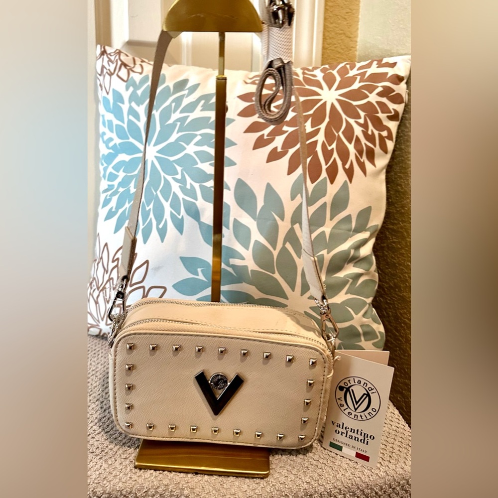 Valentino Orlando Studded Cream White & Silver Crossbody Shoulder Camera Bag